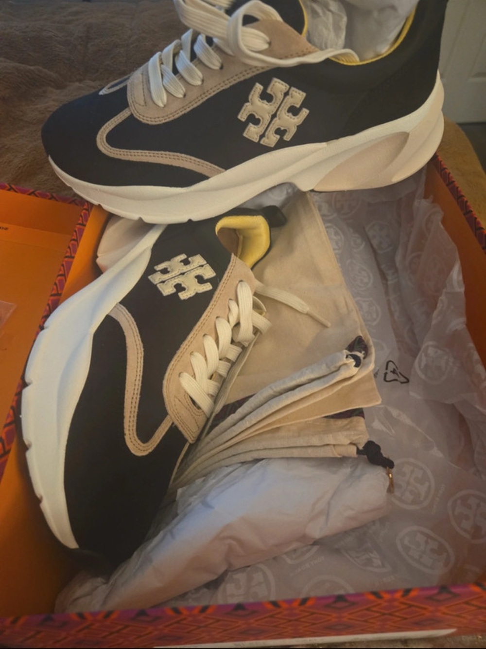 Tory Burch Black and Beige Low-Top Logo Sneakers with White Soles